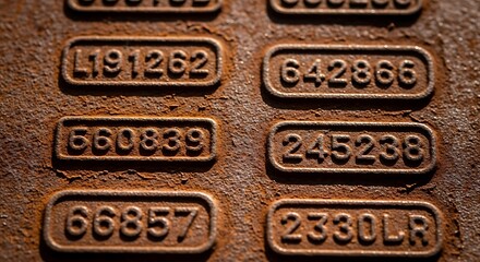 Close-up view of numerous stamped numbers on a rusty, textured metal surface.  The numbers are arranged in rectangular frames, showcasing a rich, reddish-brown hue, indicative of oxidation.