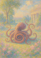Whimsical octopus in garden.