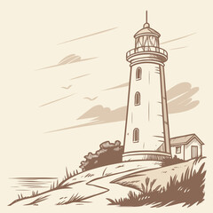 Illustration of a lighthouse on a hill with a small house, evoking a sense of coastal charm and maritime history, perfect for travel, tourism, and nautical themes