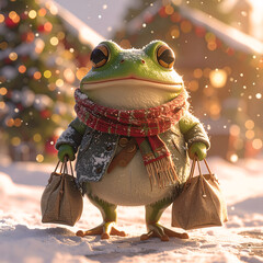 Festive Frog with Gifts: A charming frog, wrapped in a scarf and coat, cheerfully holds shopping bags amidst a snowy winter scene, with twinkling lights in the background.