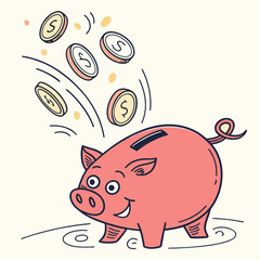 Fototapeta premium Vector art of a cheerful pink piggy bank with coins falling into it, , representing savings, finance, and investment in a playful and engaging manner for financial literacy