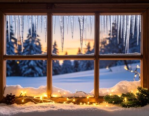 Wooden window with icicles, snow, lights, and a snowy forest view