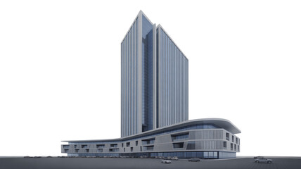 Modern architectural design of a sleek skyscraper with curved base, perfect for corporate headquarters or luxury residential spaces