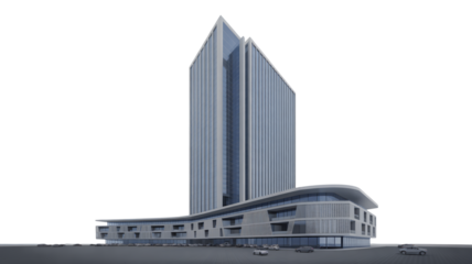 Modern architectural design of a sleek skyscraper with curved base, perfect for corporate headquarters or luxury residential spaces
