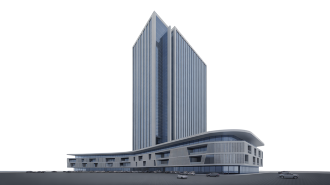 Modern architectural design of a sleek skyscraper with curved base, perfect for corporate headquarters or luxury residential spaces