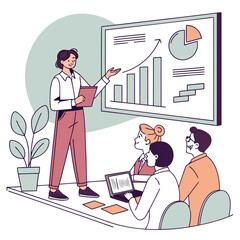 Vector art of a woman is presenting a business plan to her colleagues, showcasing bar graphs and pie charts, while holding a folder, with a plant in the corner
