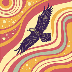 Vector art of an eagle is soaring against a retrostyle background with swirling patterns and vibrant colors, creating a dynamic and eyecatching composition, symbolizing freedom and power
