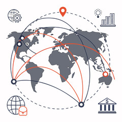 Vector art of global business network concept with a world map and icons representing various industries, , showcasing international connections and economic activities across continents