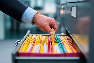 A hand is seen reaching for color-coded files in a cabinet drawer. The workspace is well-lit and designed for efficient document management