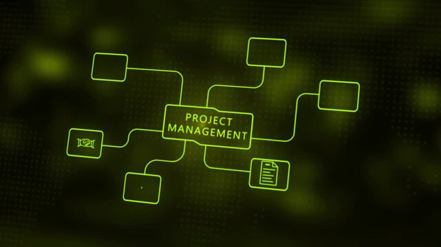 Abstract digital mind map with the words Project Management in glowing green lines on a dark background with bokeh