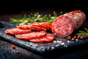 Cured meat is artfully arranged on a dark slate board, accompanied by fresh herbs and colorful spices. This setup highlights the rich textures and flavors of gourmet charcuterie