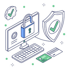 Vector art of isometric illustration of cybersecurity elements, including a computer with a padlock, a shield, and credit cards, representing data protection and online security