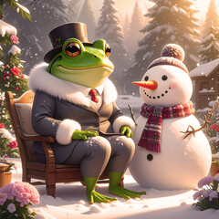 Frog's Winter's Day: A dapper frog, in formal attire, sits beside a cheerful snowman in a winter wonderland, conjuring a scene of whimsical charm.