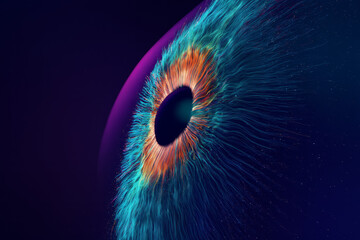 Illustration of abstract eye with colorful particle trails on dark purple background