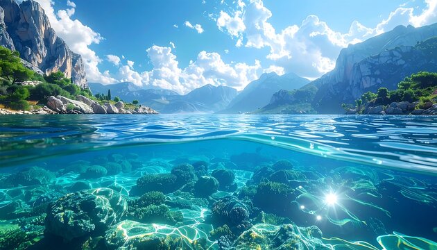A split-level photograph showcases a clear, turquoise sea revealing the underwater world. Mountains frame the vista, with sunlight