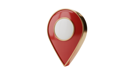 Elegant 3D map pin in red with golden trim and transparent center, perfect for modern designs, location apps and creative projects needing a stylish touch