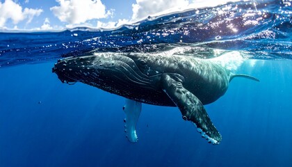 Fototapeta premium Majestic Humpback Whale Swimming Gracefully in Clear Blue Ocean Waters.