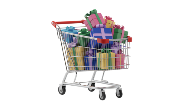 Shopping cart overflowing with colorful gift boxes, perfect for Christmas promotions and holiday sales, bringing joy and excitement to your festive marketing campaigns