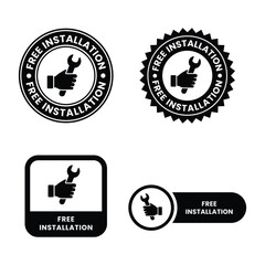 Free installation with hand and spanner icon set. Install, upgrade, fix, repair service icons. Free installation logo, label, badge, symbol, emblem, stamp, black, line, vector isolated illustration