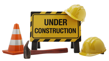 Under construction safety signage for site development, featuring hard hats, hammer and traffic cone for worker protection and hazard awareness