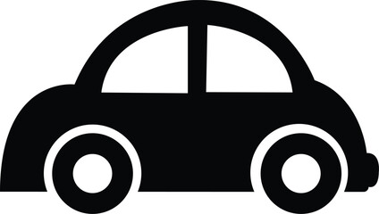 Black silhouette of a classic rounded car with white wheels, simple vector illustration perfect for logos, icons, transportation themes, or automotive design on a clean white background