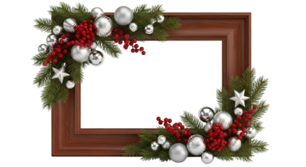 Wooden Picture Frame with Festive Fir Branches, Red Berries, and Silver Baubles Corner Decor