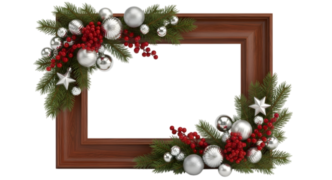 Wooden Picture Frame with Festive Fir Branches, Red Berries, and Silver Baubles Corner Decor