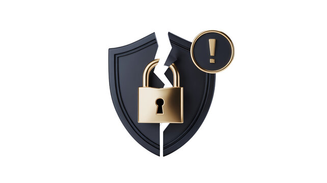 Cybersecurity breach alert with broken shield and padlock shows vulnerable data protection, emphasizing digital threat and the need for security solutions