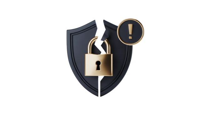 Cybersecurity breach alert with broken shield and padlock shows vulnerable data protection, emphasizing digital threat and the need for security solutions