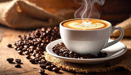 Fototapeta premium A steaming white cup holds artful foam, with coffee beans scattered around. A rustic sack and wooden table complete the scene