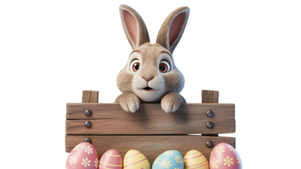 Delightful Easter bunny peeking over a rustic wooden fence with decorated eggs, perfect for cheerful springtime celebrations and holiday themed designs