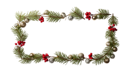 Christmas Rectangular Frame with Festive Fir Branches, Red Berries, and Silver Ornaments