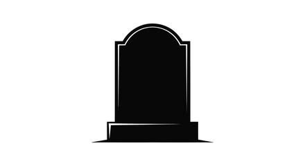 A stark black silhouette of a traditional gravestone with a rounded top on a white background silhouette
