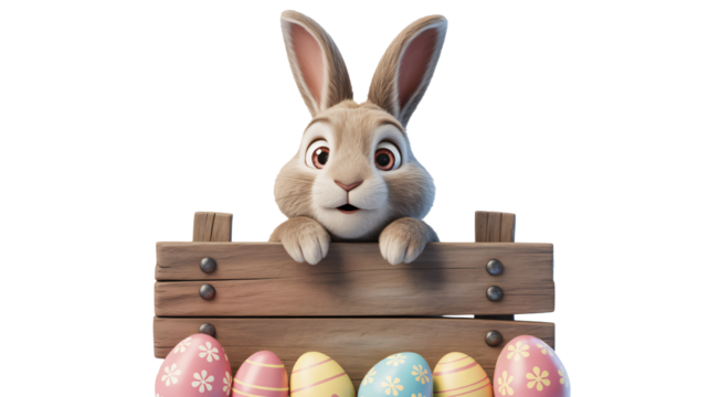 Delightful Easter bunny peeking over a rustic wooden fence with decorated eggs, perfect for cheerful springtime celebrations and holiday themed designs