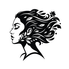 Elegant woman s profile with flowing hair and floral accents