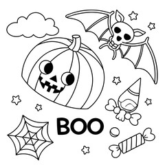  Vector illustration of happy halloween coloring page for kids, pumpkin, bat, skull, boo and elements black line art