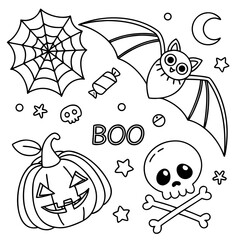  Vector illustration of happy halloween coloring page for kids, pumpkin, bat, skull, boo and elements black line art