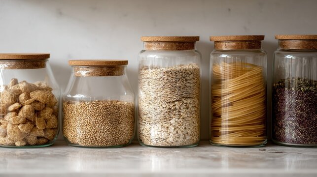 Four glass jars with cork lids arranged in a row on a white marble countertop.