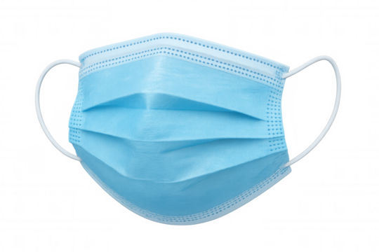 Blue surgical mask for respiratory protection, preventing infection spread during disease outbreaks. Isolated on transparent background