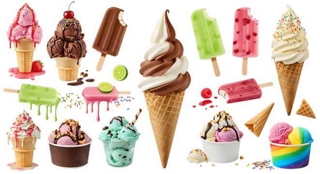 Collection of various ice cream desserts and popsicles isolated on transparent background