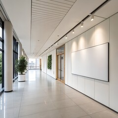 Fototapeta premium Modern office hallway with whiteboard and plants