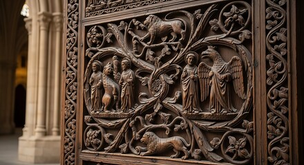 Intricate wood carvings adorn a large, detailed panel of a historical door, showcasing intricate figures and foliage.