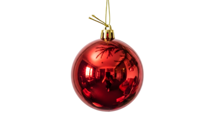 Glossy Red Bauble Reflecting Room Interior Hanging on Transparent Background