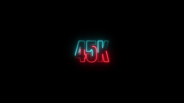 Glowing neon 45K text animation  on black background. Glowing neon line 45k Ultra HD icon isolated . Abstract glowing neon light 50K letter animation.4k video .