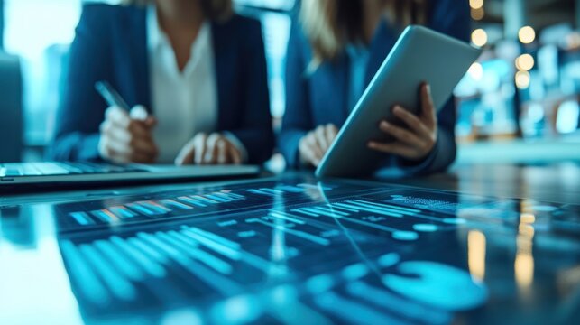 Coworking team brainstorming in modern office: Business colleagues working on laptop computer and digital tablet, discussing at office table, planning and researching process.
