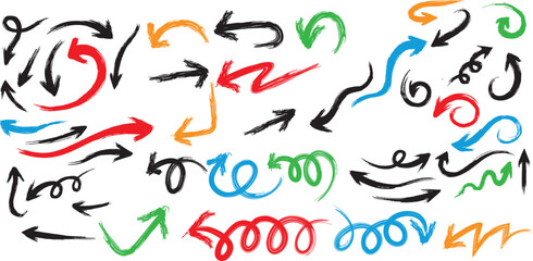 Hand Drawn Bold Brush Arrows Set – Curved and Wavy Marker Strokes, Doodle Direction Pointers, Grunge Arrow Elements Vector