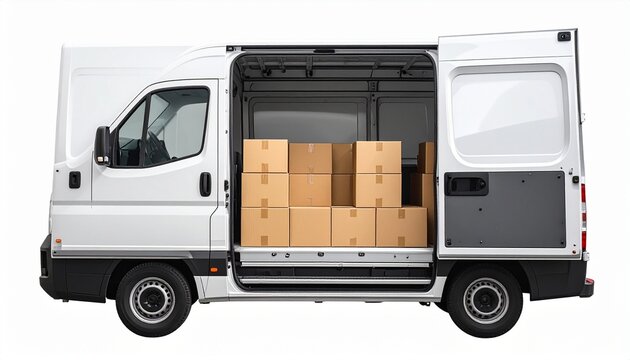 Rear view of white cargo van with open doors, revealing neatly stacked cardboard boxes for efficient transport.
