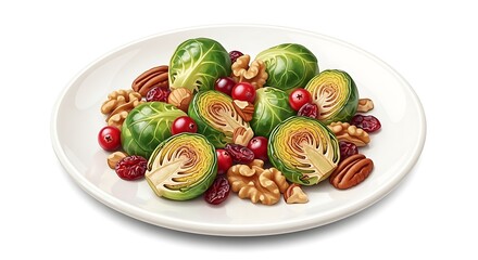 A realistic cartoon plate of roasted Brussels sprouts with cranberries and nuts, detailed textures, vivid colors, isolated on white.