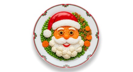 A realistic cartoon Christmas rice dish with peas, carrots, and raisins, served on a decorative plate, vivid colors, isolated on white.