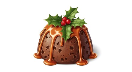 A realistic cartoon Christmas pudding with caramel sauce dripping down, decorated with holly, detailed textures and vivid festive colors, isolated on white background.